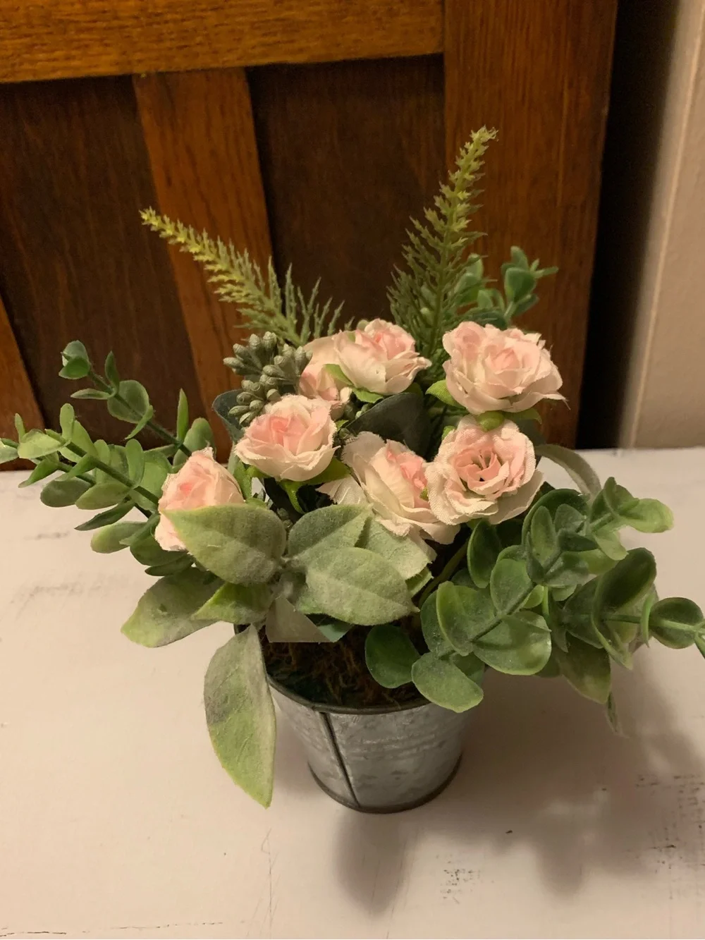 Artificial Pink Rose and Eucalyptus Arrangement in Galvanized Pot